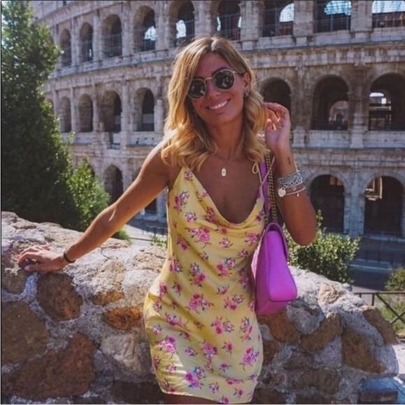 ZARA Safia Yellow Floral Draped Camisole Satin Slip Mini Dress XS NWT - Picture 1 of 10